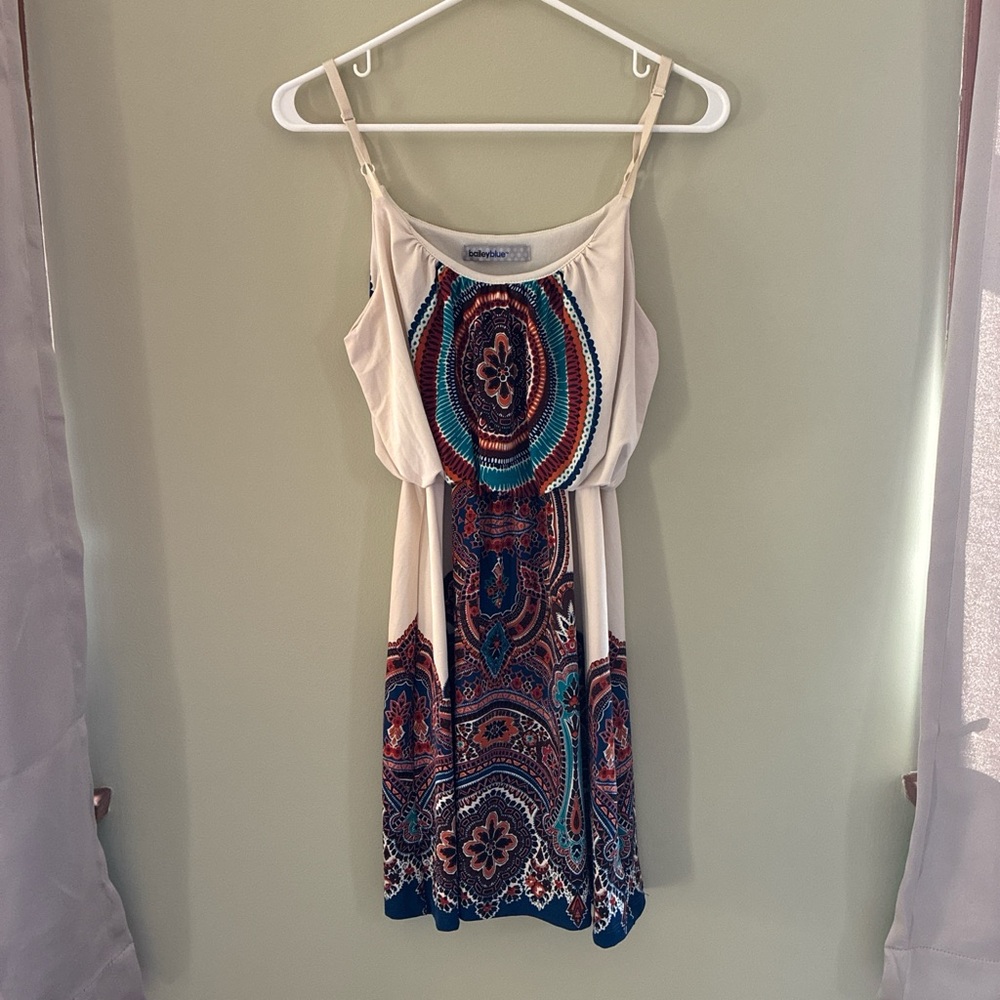 bailey blue Cream Midi Dress with Teal & Rust Paisley Print